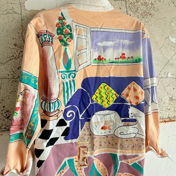 Whimsical 80s Cat Fishbowl Shirt Vintage Art Print Button Down Cotton USA - Picture 2 of 4